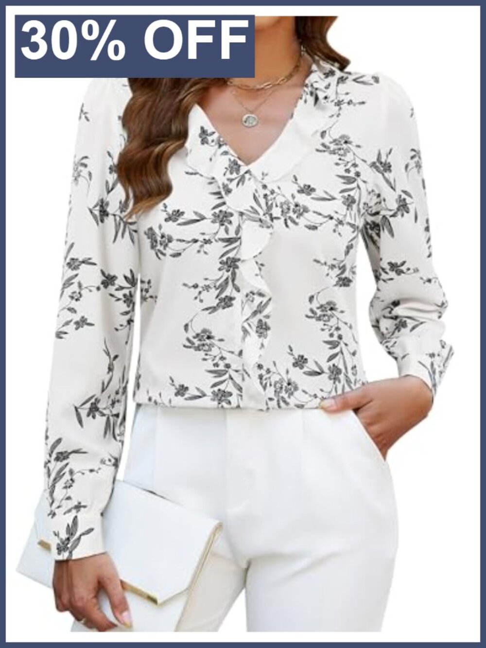 Womens Ruffle V-Neck Long Sleeve Blouse Business Casual Top